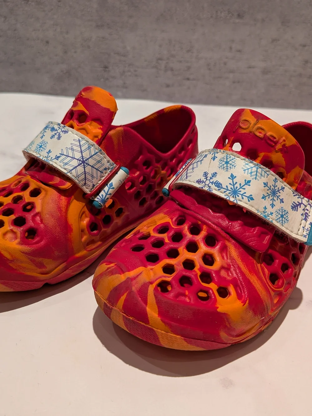 Kids Plae Slip-On Clog in Red and Orange with Blue Strap